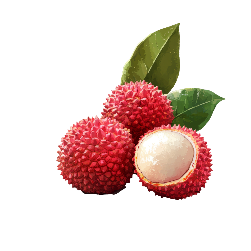 Fresh lychee fruit with green leaves on a transparent background showcasing its vibrant color and unique texture, Lychee on transparent background png