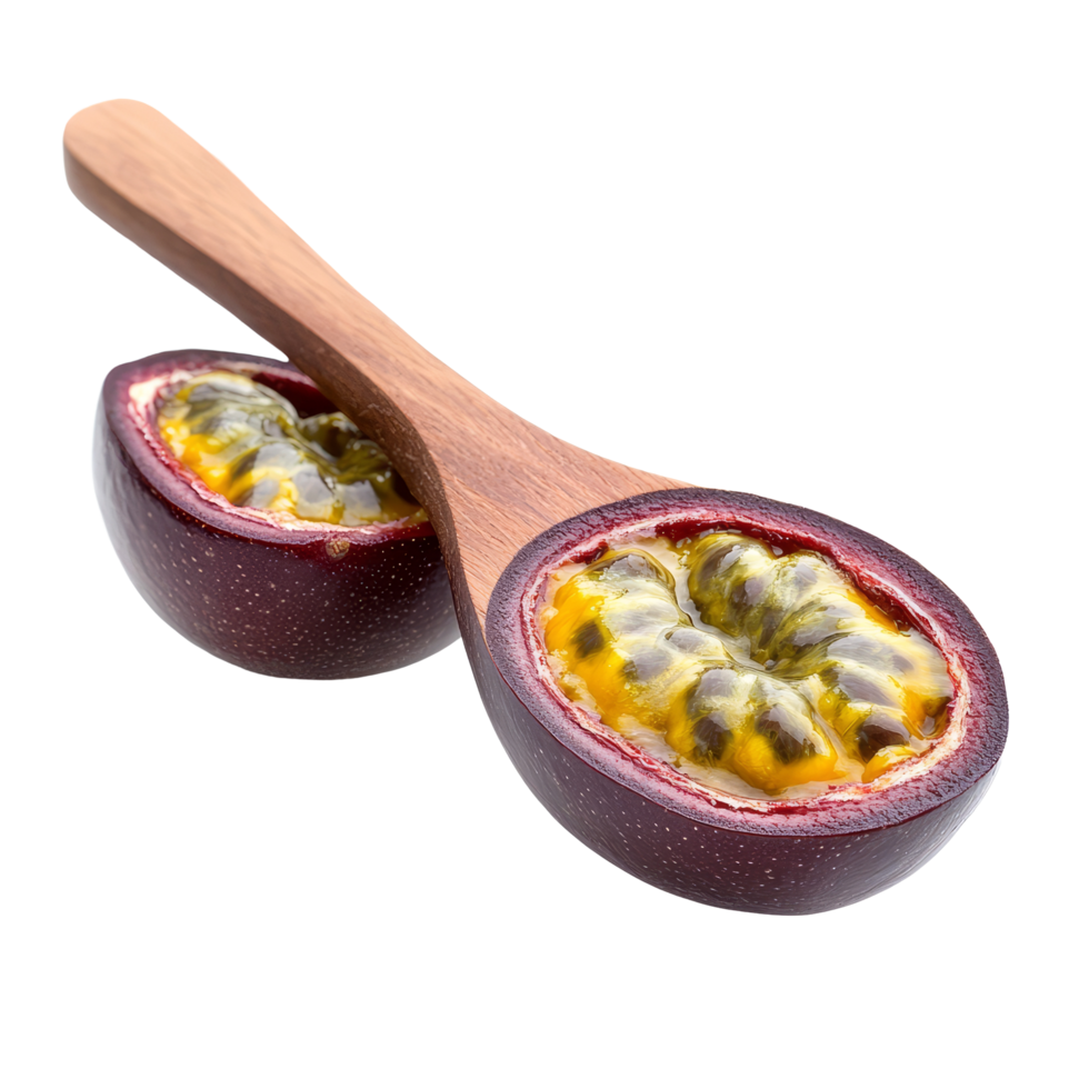 Fresh passion fruit in a wooden spoon isolated on a transparent background showcasing its vibrant pulp and texture, passion fruit in wood spoon isolated on transparent background png
