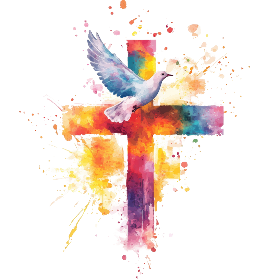A vibrant watercolor Christian cross with a dove perched above, symbolizing peace and faith in a colorful display, colorful christian cross with dove of peace isolated on transparent background png