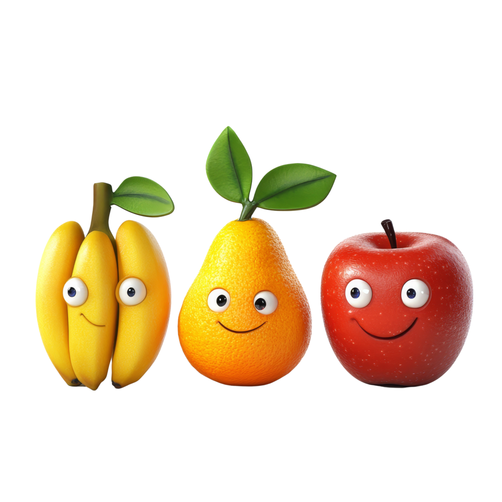 Cheerful fruit characters including banana, apple, and orange with cartoon faces on a clean transparent background, Fruit Characters Banana, Apple, Orange on transparent background png