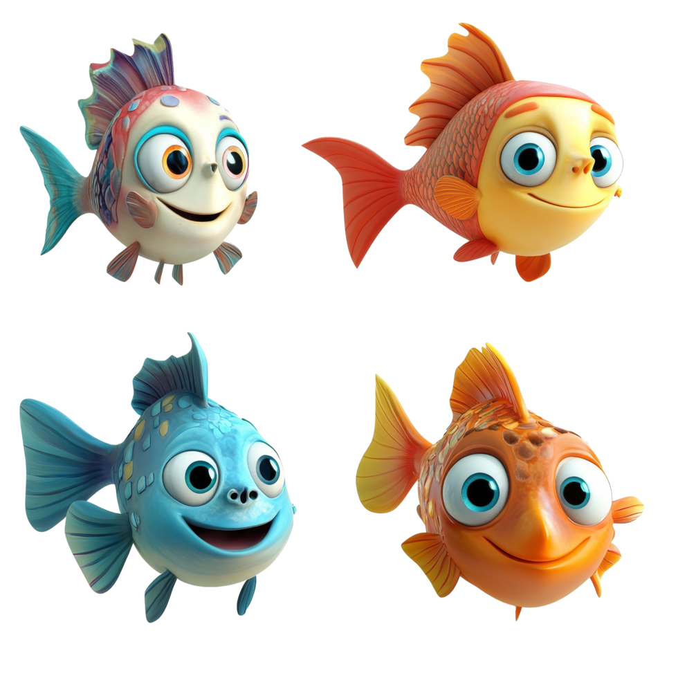 Funny cartoon fish characters swimming joyfully against a clean transparent background to brighten your day, Funny 3D Cartoon Fish Characters on transparent background png