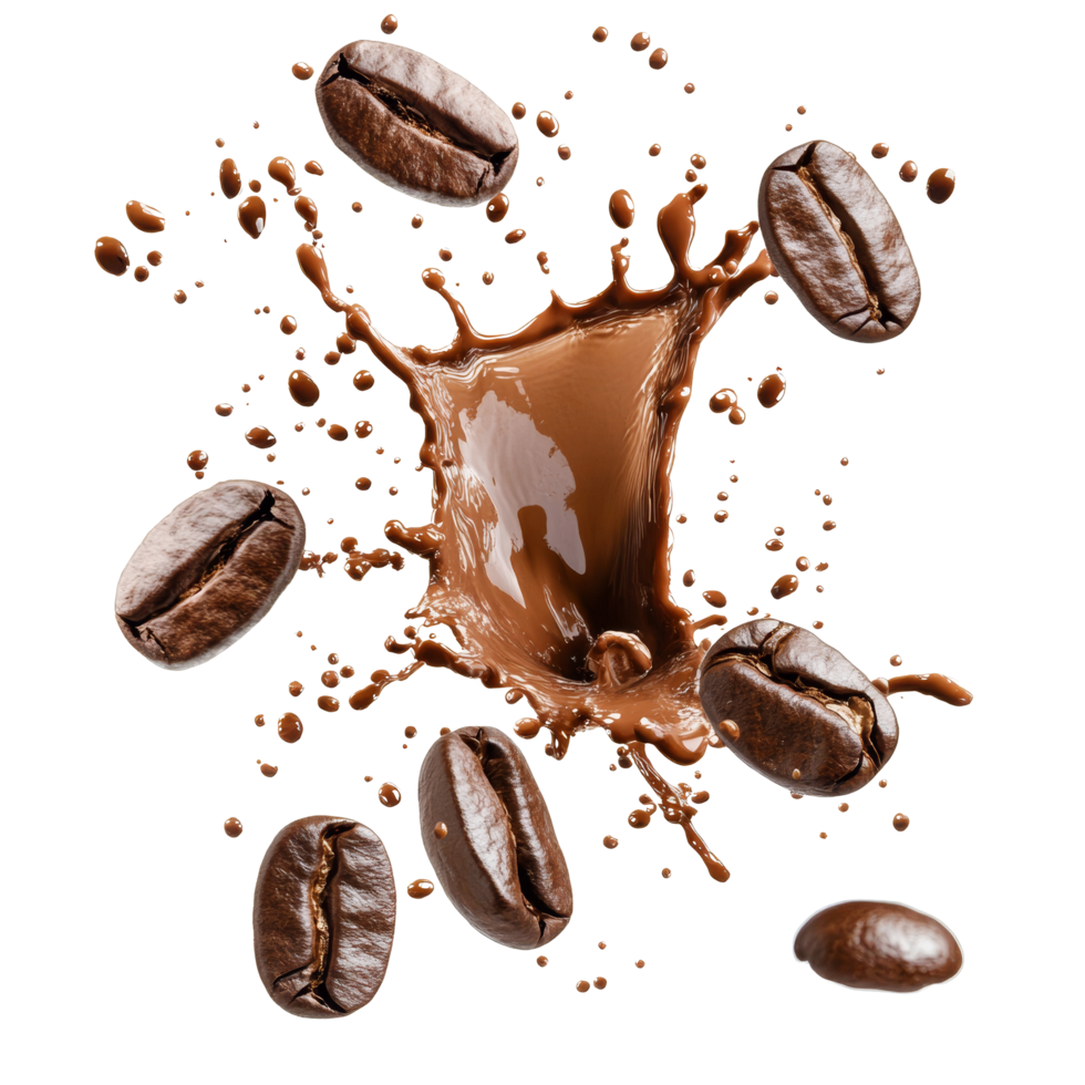 Coffee beans splashing in rich liquid motion against a backdrop for a vibrant and energetic display, Coffee beans splashing isolated png