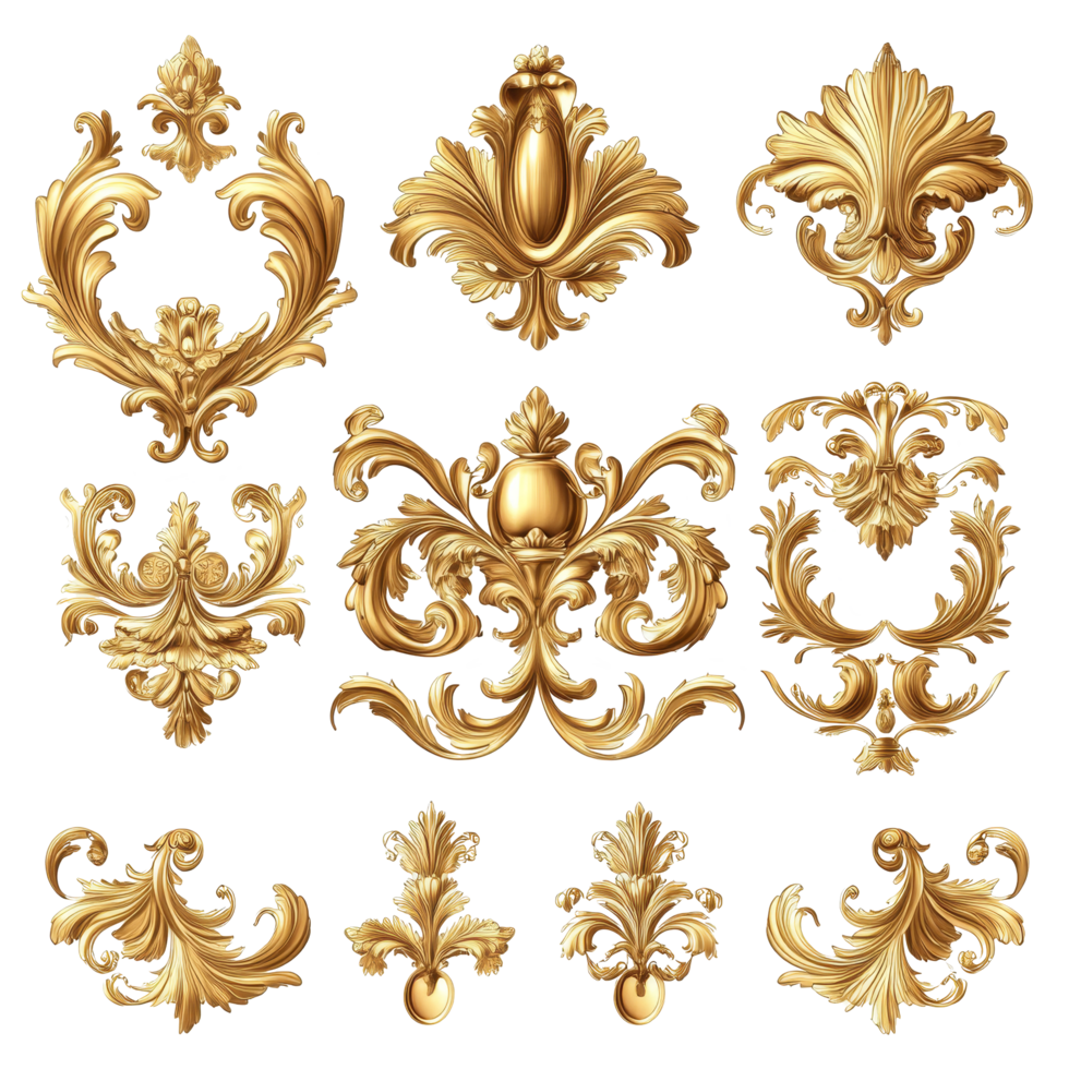 Elegant golden baroque ornament elements arranged artistically on a pristine transparent background, Golden baroque ornament elements on transparent background png