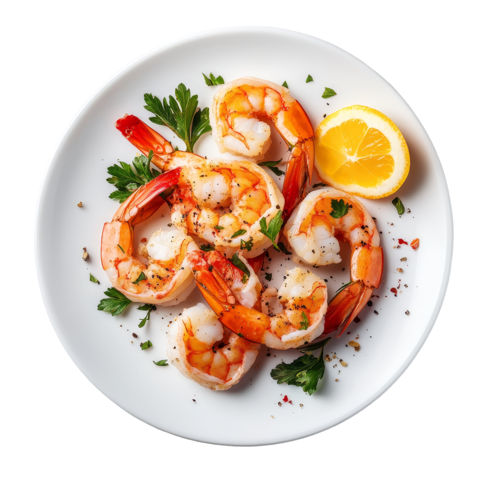 Juicy cooked shrimps garnished with parsley and lemon slices on a clean transparent plate ready for dining, Cooked shrimps on transparent background png
