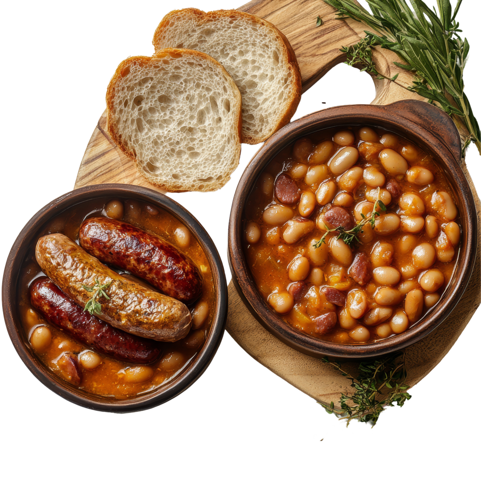 Hearty traditional cassoulet with sausages and beans served in rustic bowls alongside fresh bread, Traditional Cassoulet Dishes with Sausages and Beans on transparent background png