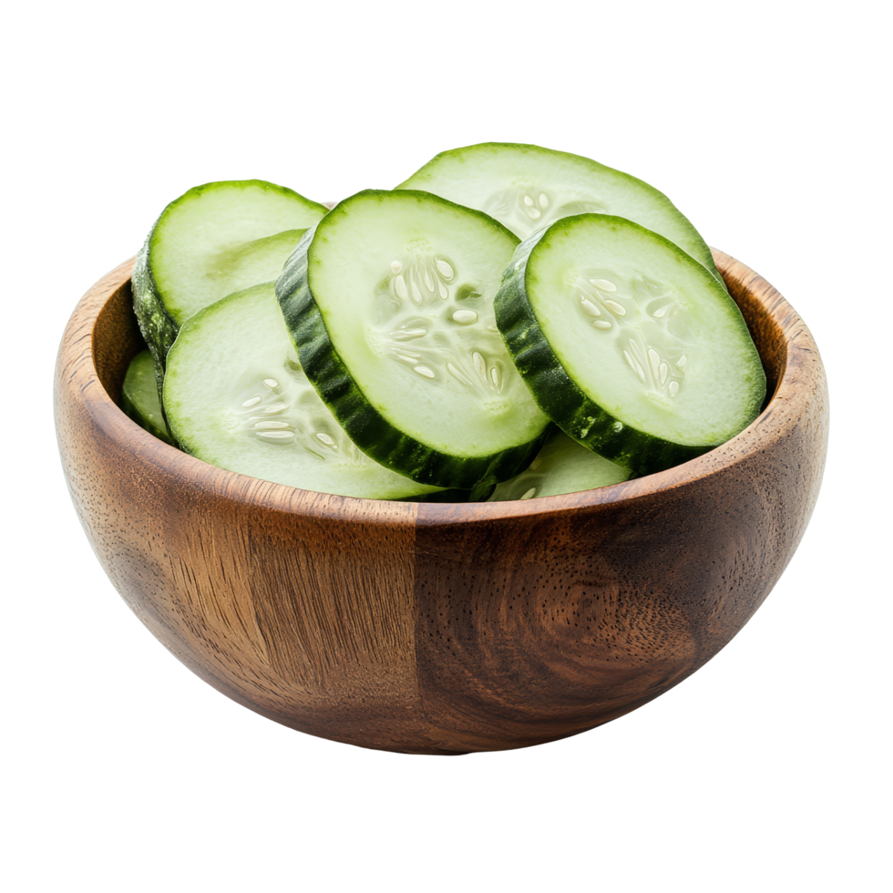 Fresh cucumber slices displayed in a wooden bowl, perfect for healthy snacking or meal preparation, Fresh cucumber slices in wood bowl isolated on transparent background png