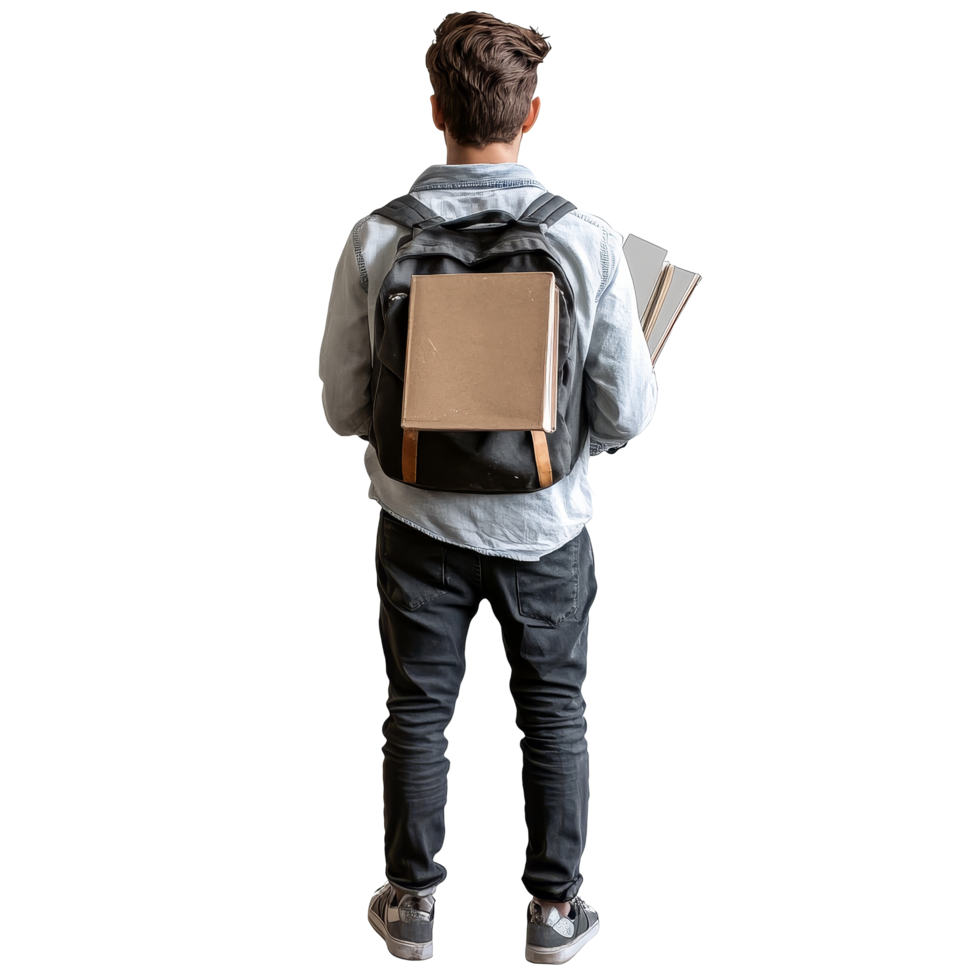 Student stands holding books while wearing a backpack in a neutral setting during a study session, Student standing and holding a book back view file no background png