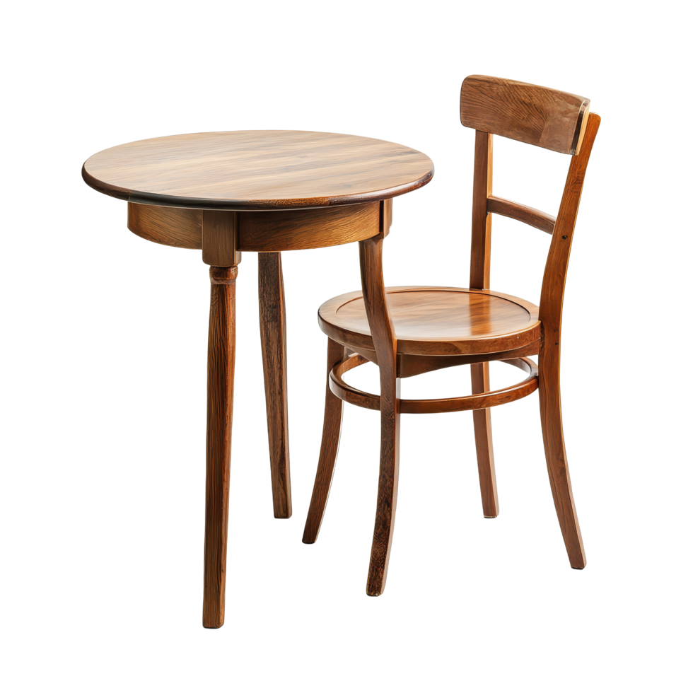 Stylish wooden table and chair set on a clean transparent background ideal for dining or workspace arrangements, Wood table and chair on transparent background. wooden table with chair transparent png