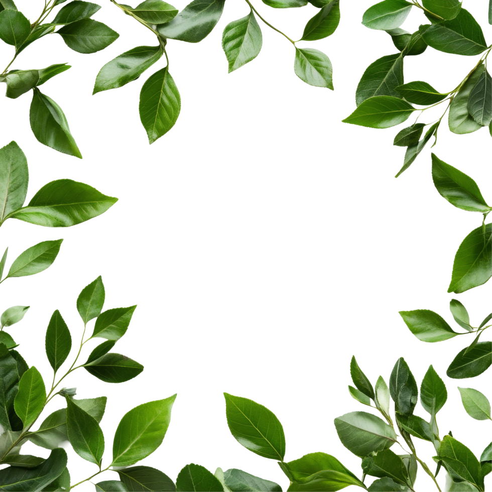 Green leaves create a natural frame on a bright transparent background, perfect for showcasing text or graphics, Green Leaves Frame on transparent background png
