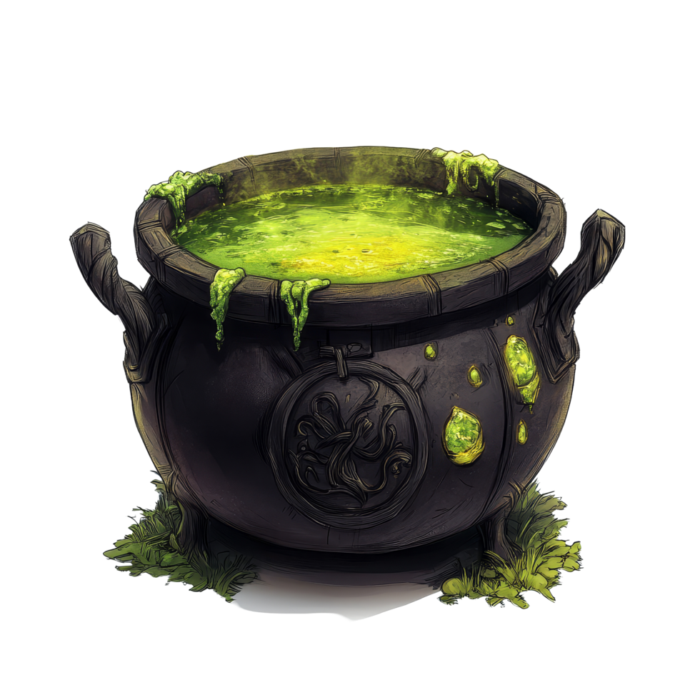 Toxic witch cauldron bubbling with green potion on a transparent background, toxic witch cauldron isolated on transparent background png
