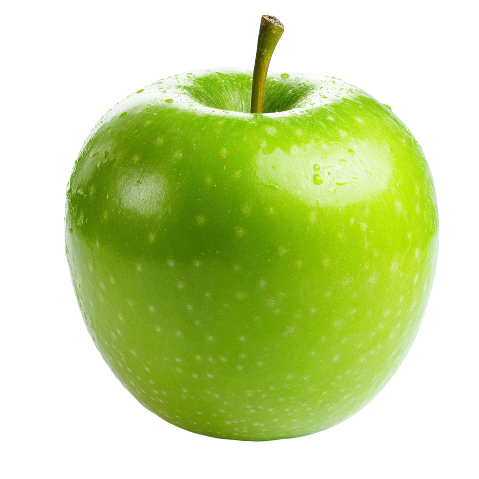 Fresh ripe green apple on a clean transparent background with water droplets for a refreshing, healthy look, ripe green apple on transparent background png