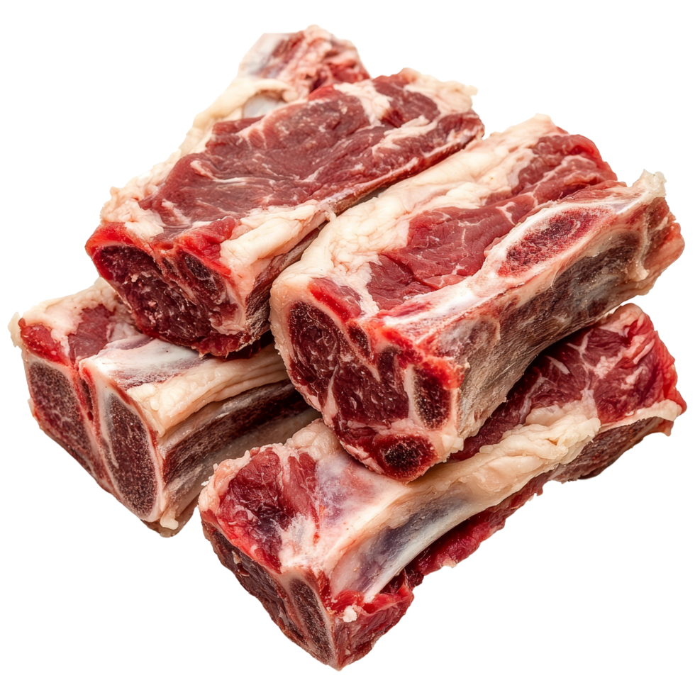 Fresh raw beef ribs stacked neatly on a transparent background ready for cooking or preparation, Isolated chopped fresh raw beef ribs meat png