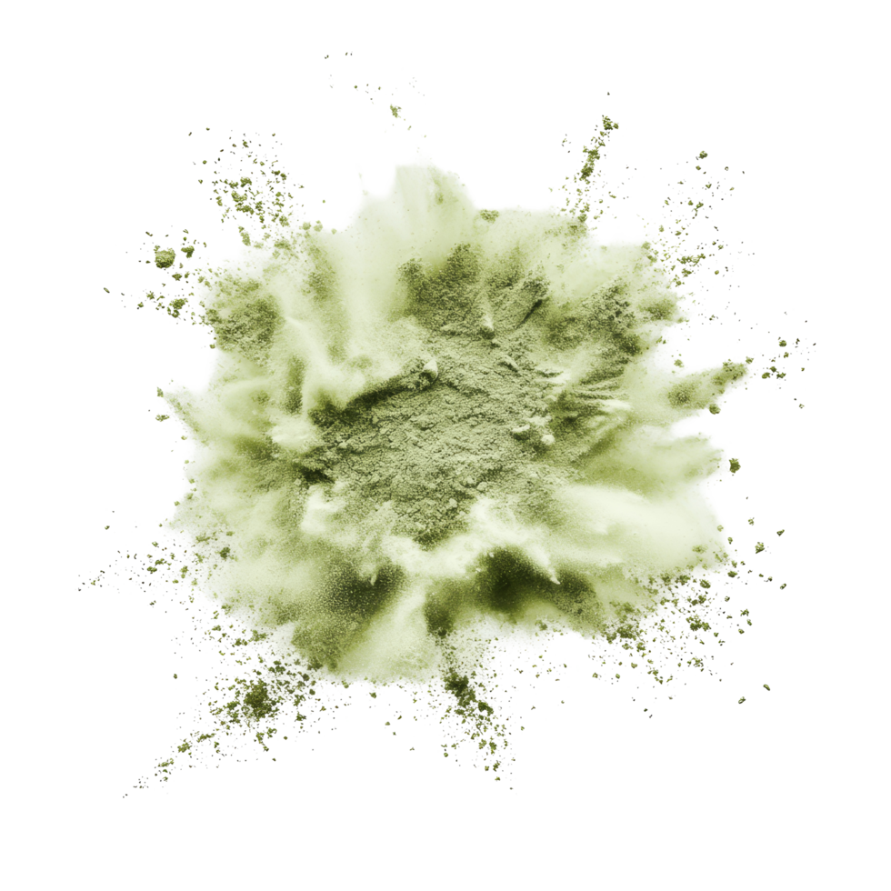 Olive green powder bursts from an explosion isolated on a transparent background showcasing its texture and form, olive green color powder pulver explosion isolated on transparent background png