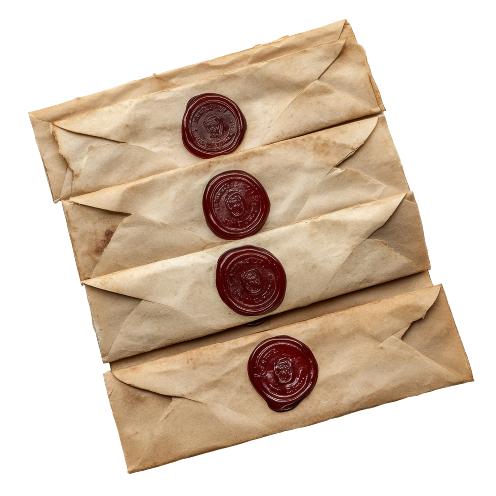 Antique wax sealed envelopes arranged on a clean transparent background showcasing timeless craftsmanship, Antique Wax Sealed Envelopes on transparent background png