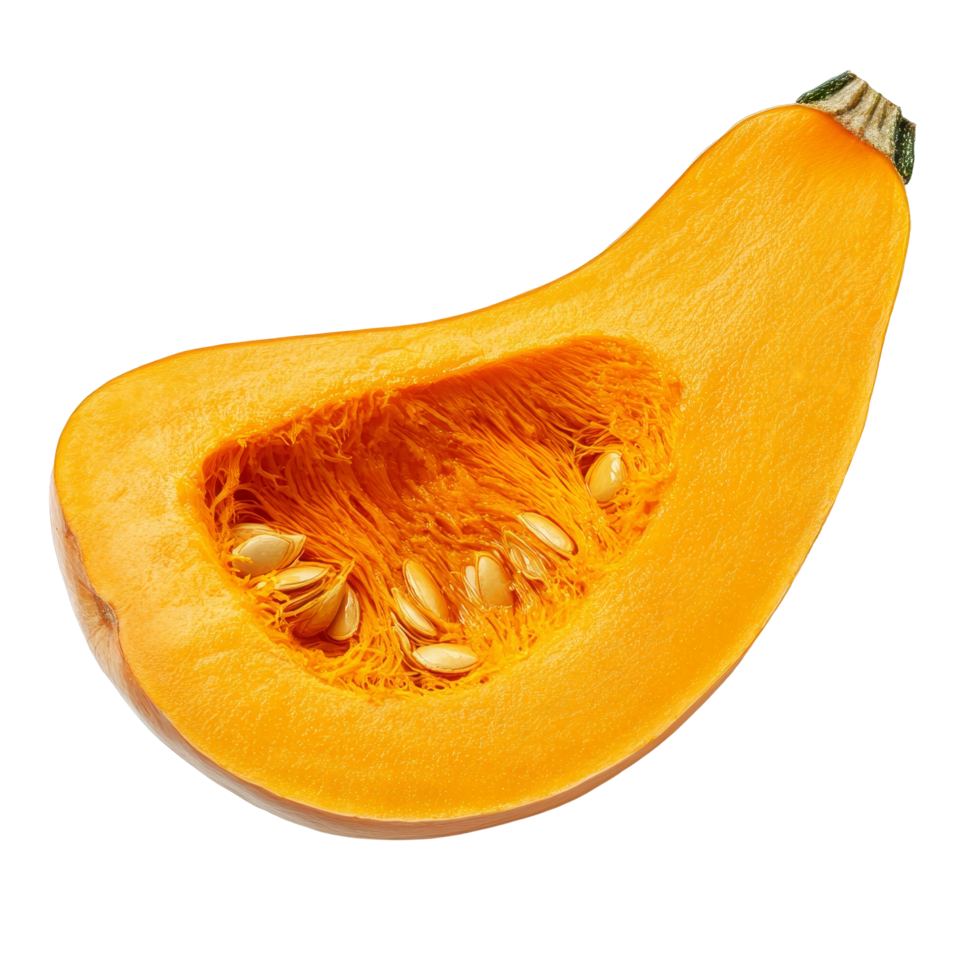 Fresh butternut squash slice showcasing vibrant orange flesh and seeds against a clean transparent background, butternut squash slice isolated on transparent background png