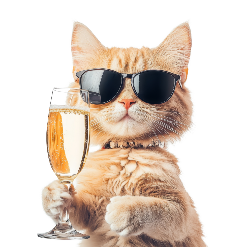 A stylish cat celebrates with a champagne glass while wearing sunglasses against a transparent background, Funny Cat with Champagne Glass On transparent background Celebration Concept png