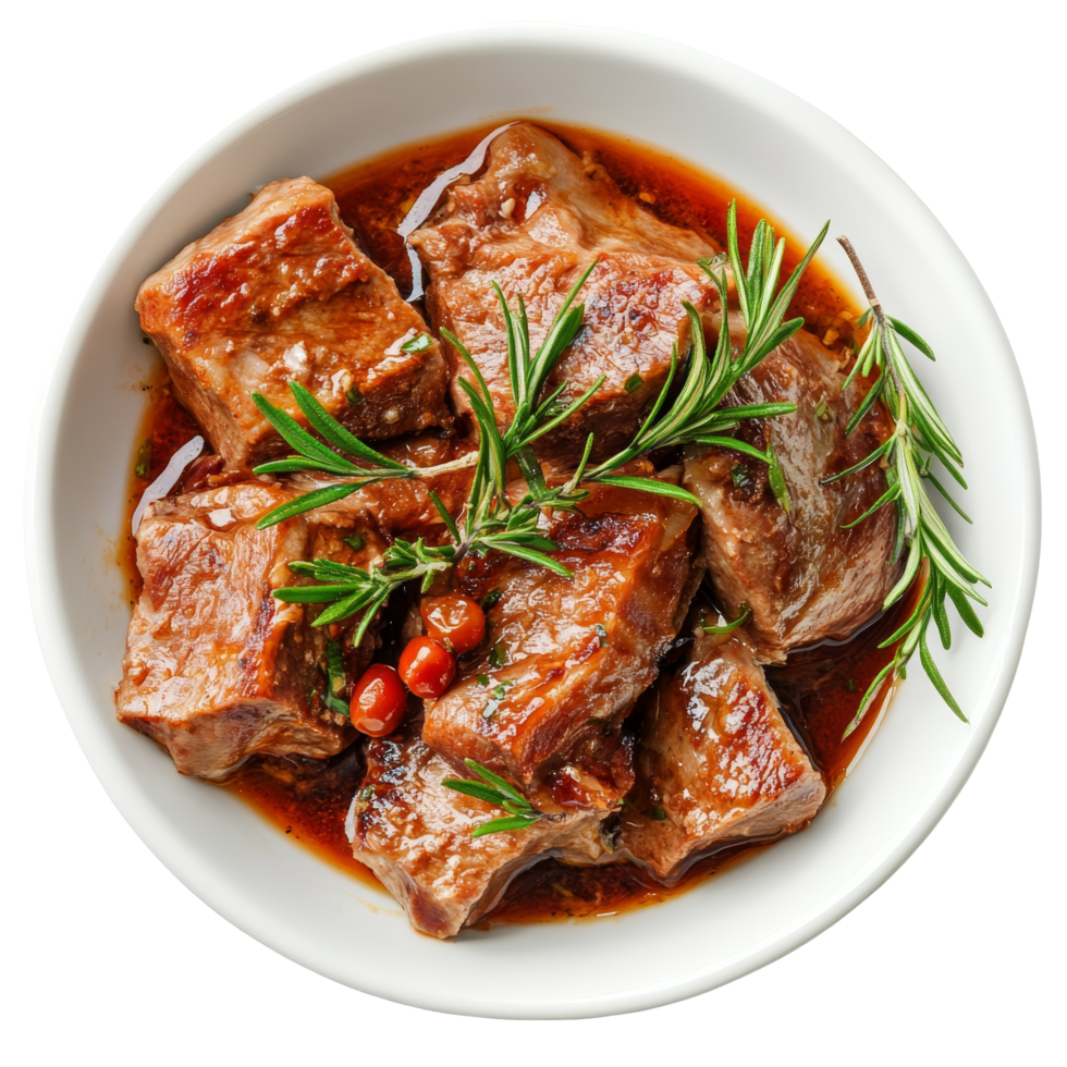 Delicious veal slices cooked in a savory sauce with herbs in a dish ready to be served, slices of veal cooked in a sauce dish isolated on transparent background png