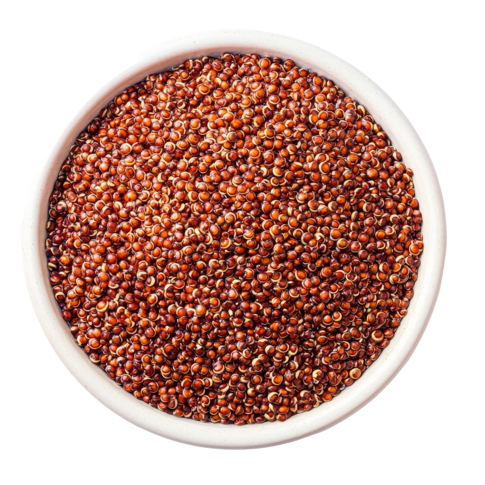 A closeup view of vibrant red quinoa grains in a transparent bowl on a plain background showcasing natural food textures, red quinoa on transparent background png
