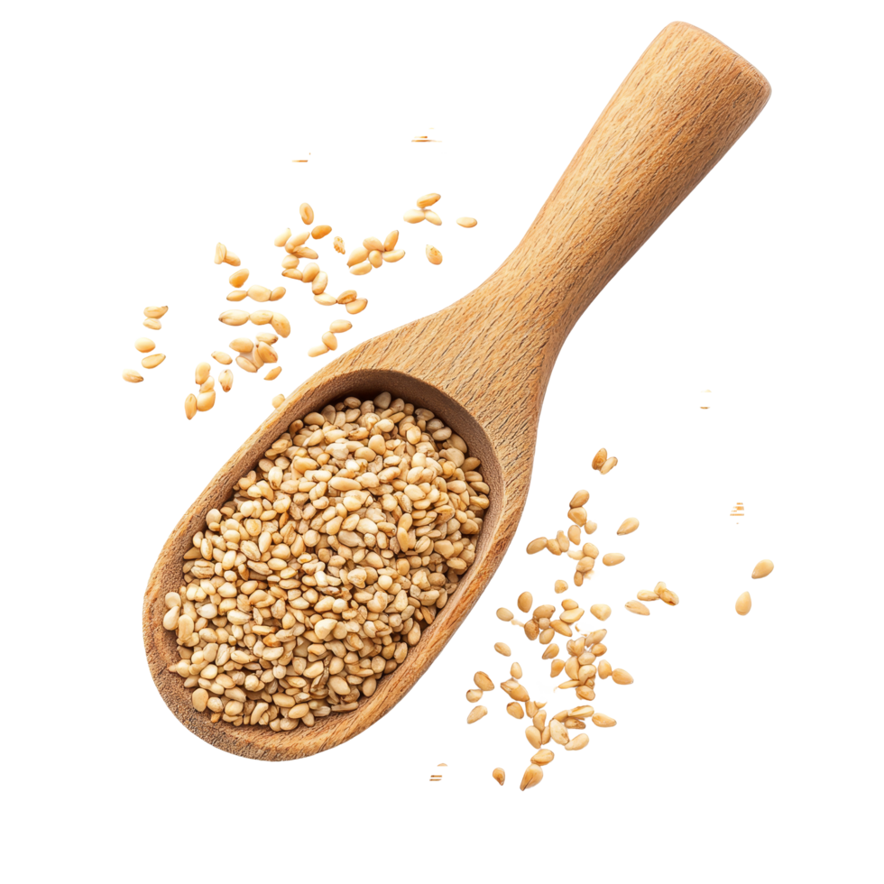Natural sesame seeds in a wooden scoop resting on a clean transparent surface with scattered seeds around, sesame in scoop on transparent background png