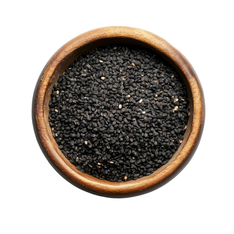 A wooden bowl filled with black sesame seeds isolated on a transparent background, black sesame in a bowl isolated on transparent background png