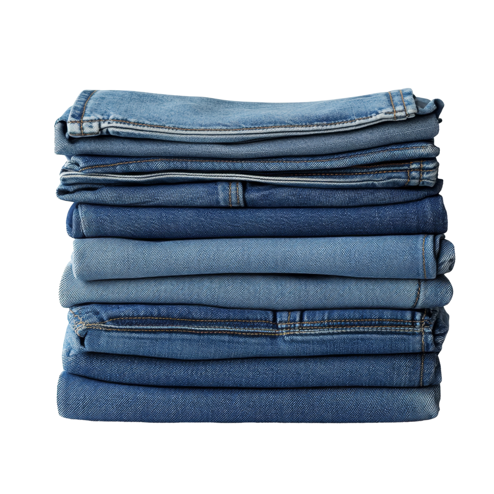A neatly stacked pile of folded blue jeans in various shades on a plain background, stack of folded blue jeans, file of isolated object with shadow on transparent background png