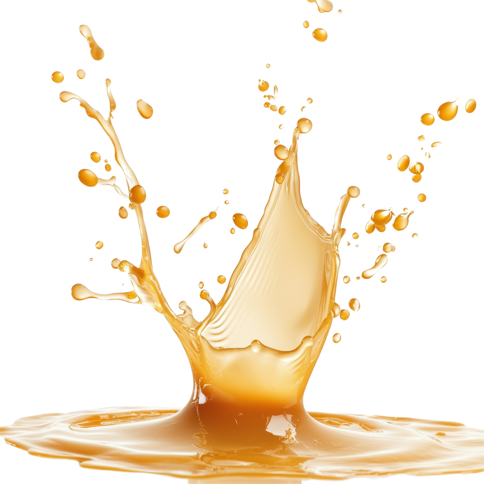 Golden caramel splash creating dynamic droplets against a transparent backdrop, Golden Caramel Splash isolated on transparent background png