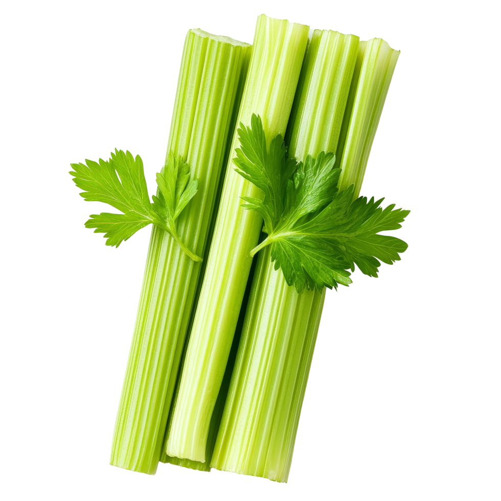 Fresh celery sticks with green leaves on a transparent background highlighting their vibrant color and fresh texture, Celery sticks with leaf on transparent background png