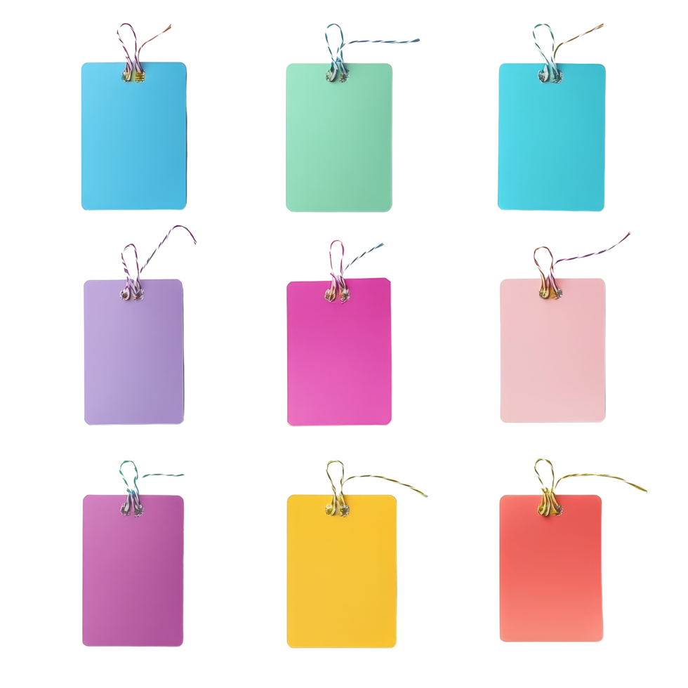 Colorful blank labels with twine hanging on a transparent background for craft and organizational purposes, Stickers paper label on transparent backgroundfile png