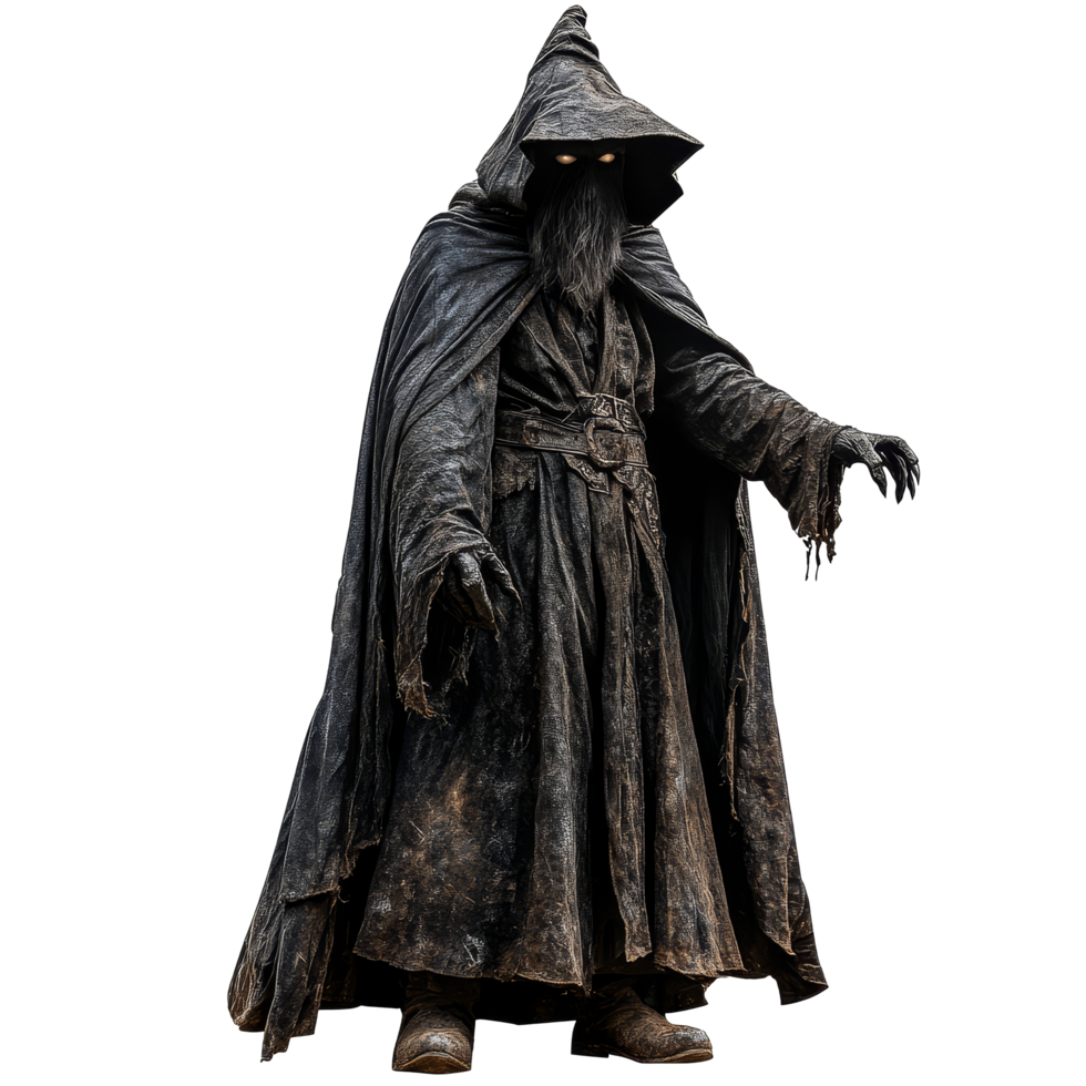 Scary sorcerer wearing a dark cloak and hood stands menacingly against a transparent background in a mystical setting, Scary Sorcerer Isolated on transparent background png