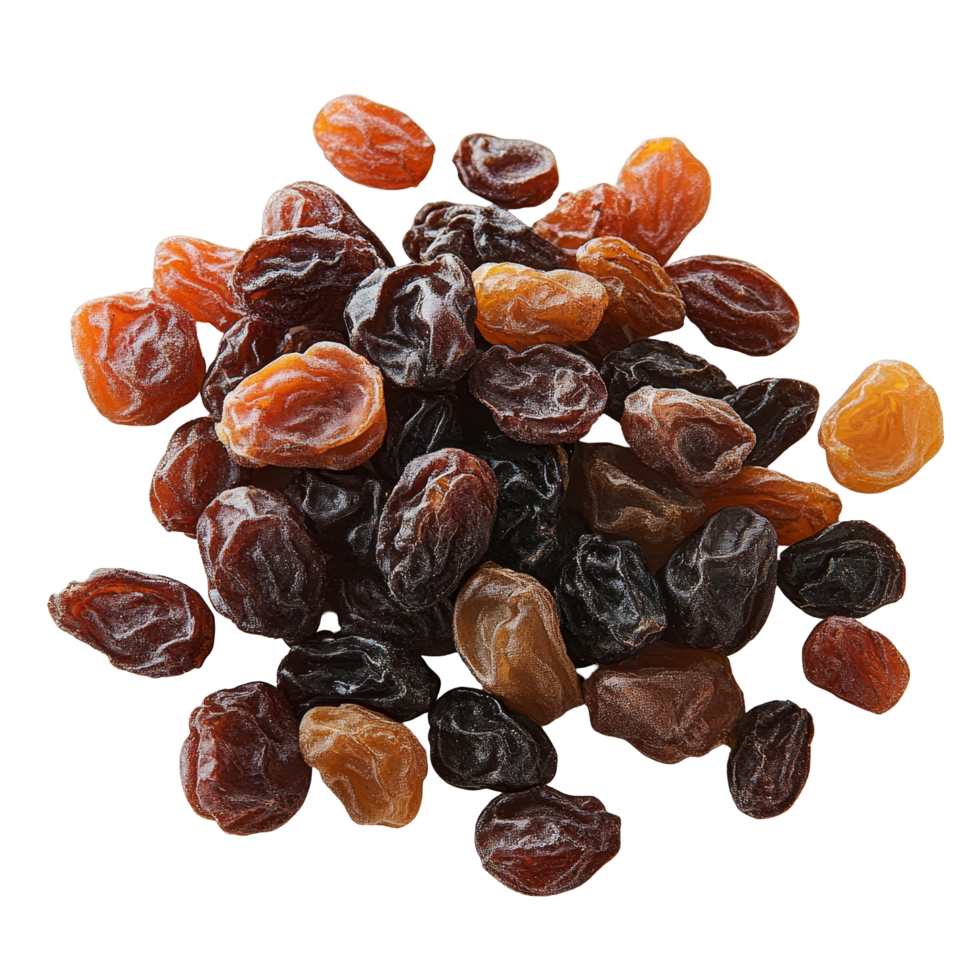 A heap of assorted raisins on a transparent surface highlighting their diverse colors and textures, raisins on isolated png