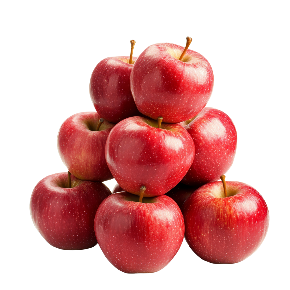 A stack of fresh red apples arranged in a pyramid on a clean transparent background, stack group of red apples isolated on transparent background png