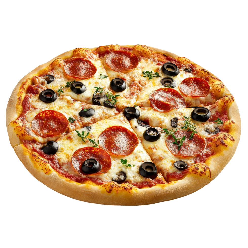 Freshly baked pepperoni pizza with olives and herbs displayed on a clean transparent background, pizza isolated on transparent background png