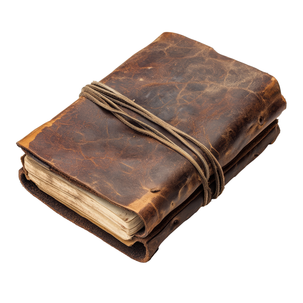 Vintage leather travel journal resting on a clean transparent background for creative expression and memories, Vintage Leather Travel Journal Isolated on transparent background png