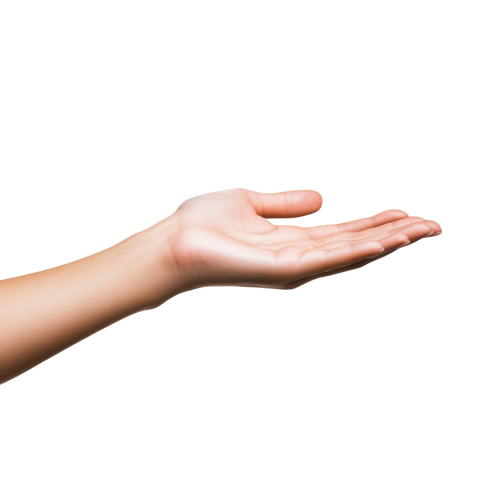 A womans hand extended and open, ready to hold or present something against a plain transparent background, woman hand holding somethingisolated on transparent background png