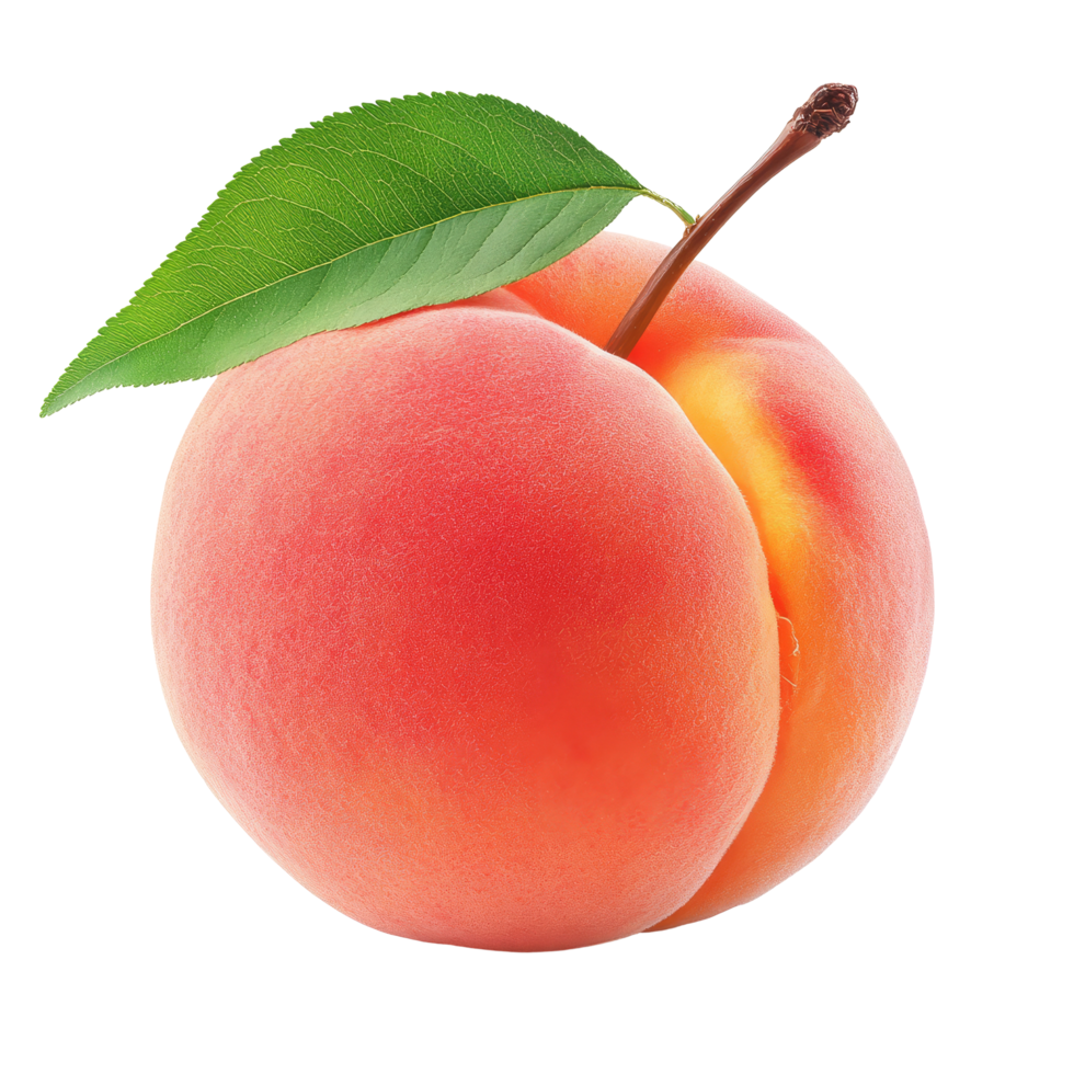 Fresh ripe peach with green leaf on a transparent background showcasing its natural beauty and vibrant color, Ripe peach fruit on transparent background png