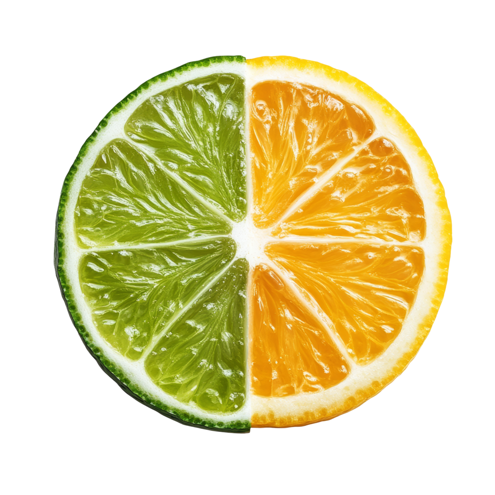 Freshly sliced lemon and lime halves isolated on a clean transparent surface for culinary use and drink garnish, Slice of lemon and lime fruit isolated on transparent background png