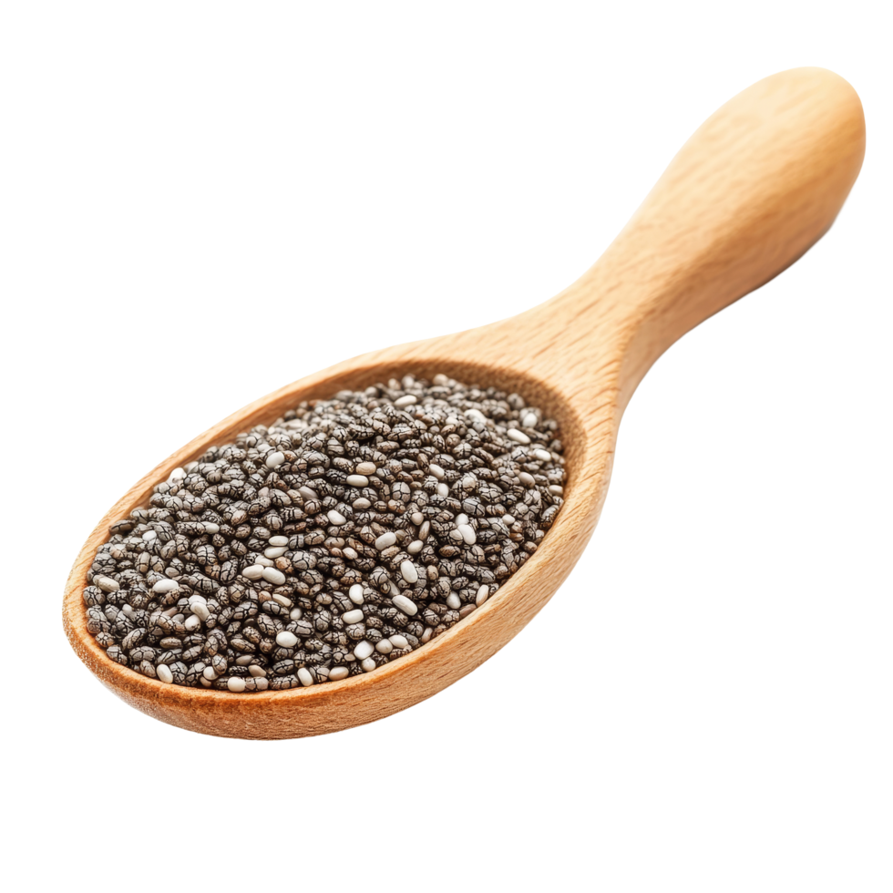 Chia seeds in a wooden spoon isolated against a bright transparent background, showcasing their texture and natural beauty, Chia seeds in wood spoon isolated on transparent background png