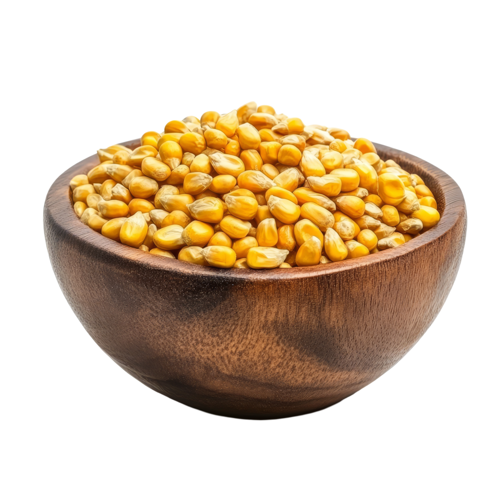 Corn seeds in a wooden bowl on a transparent background showcasing the vibrant texture and color of agricultural produce, Corn seeds in wood bowl isolated on transparent background png