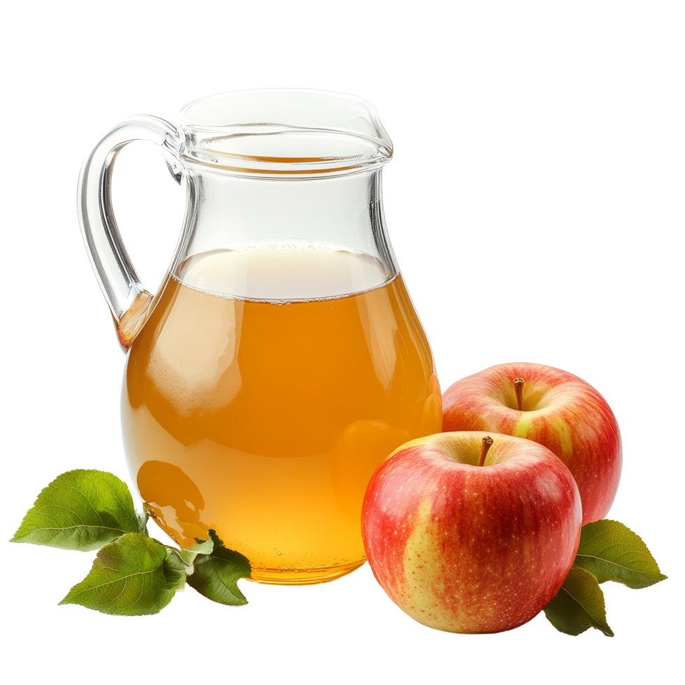 Fresh apple juice in a glass jug with red apples on a transparent background, A jug of apple juice with red apples isolated on transparent background png