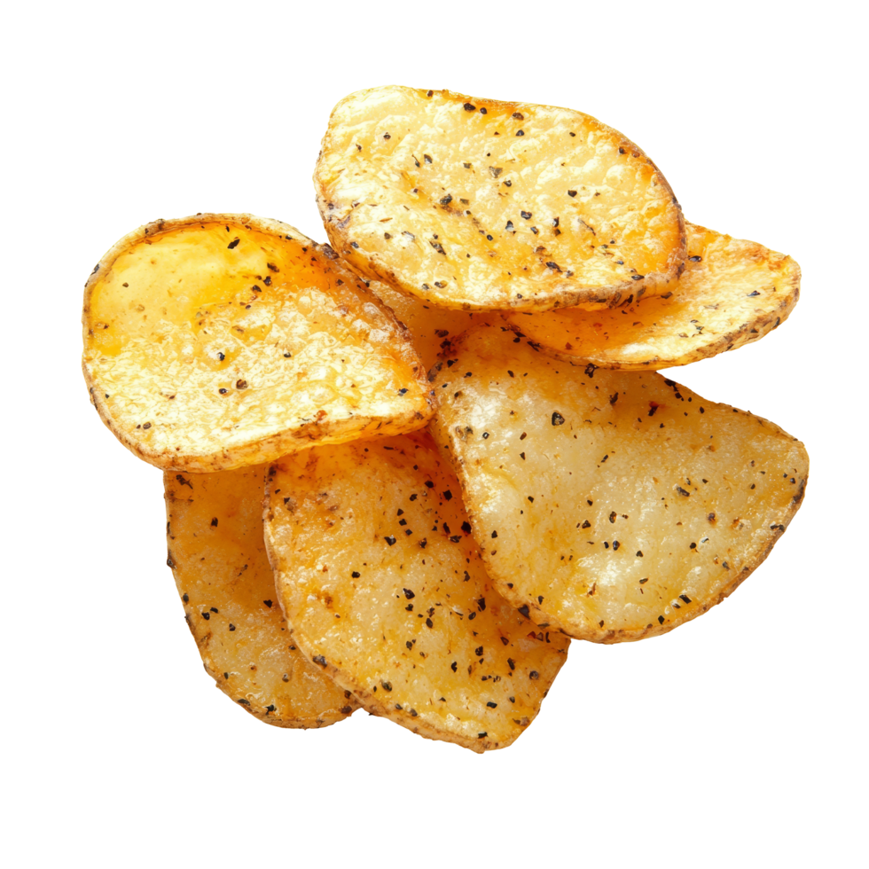 Crispy potato snacks sprinkled with seasoning arranged neatly on a transparent background, potato snacks on transparent background png