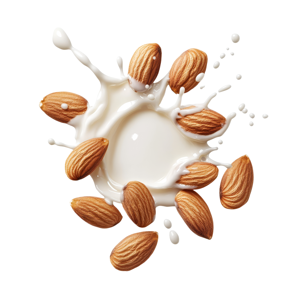 Almonds surrounded by a splash of milk on a transparent background showcasing freshness and health, Almonds with milk splash isolated png