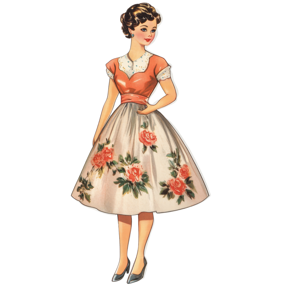 Charming vintage paper doll in floral dress showcasing 1950s fashion design and elegance, This vintage paper doll exudes the charm of the 1950s era transparent or transparent background backdrop png
