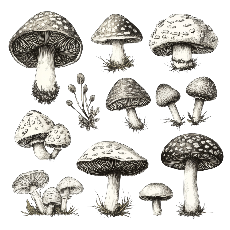 Vintage sketches of various mushrooms with intricate details on a transparent background, Vintage mushroom sketches on transparent background. mushroom isolated on transparent background png