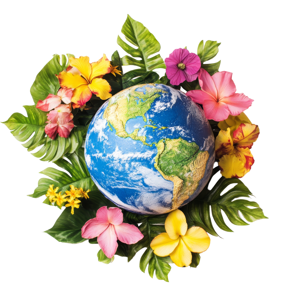 A vibrant earth globe surrounded by tropical flowers on a transparent background, symbolizing natures beauty and diversity, earth globe surround by tropical flowers transparent background png