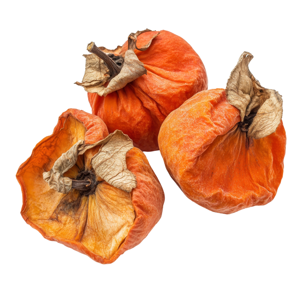 Dried persimmons arranged artistically on a transparent background highlighting their texture and color, dried persimmon isolated on transparent background png