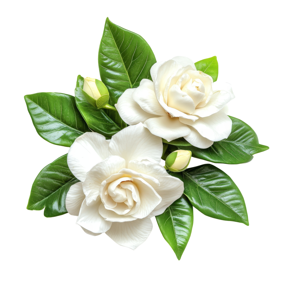 Elegant gardenia flowers with green leaves arranged on a transparent backdrop, showcasing their details and natural beauty, of Gardenia flowers isolated on transparent background png