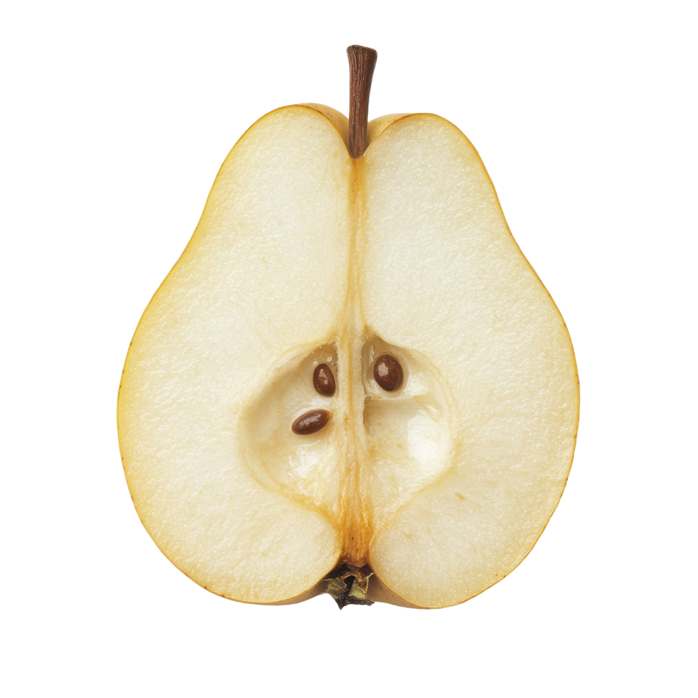 Fresh pear slice isolated on a clean transparent background showcasing its texture and seeds in detail, Pear slice isolated on transparent background png