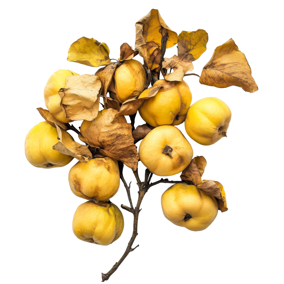 Dried quince fruits with yellow hue and leaves arranged on a transparent background, showcasing seasonal abundance, Quince drying on transparent background png