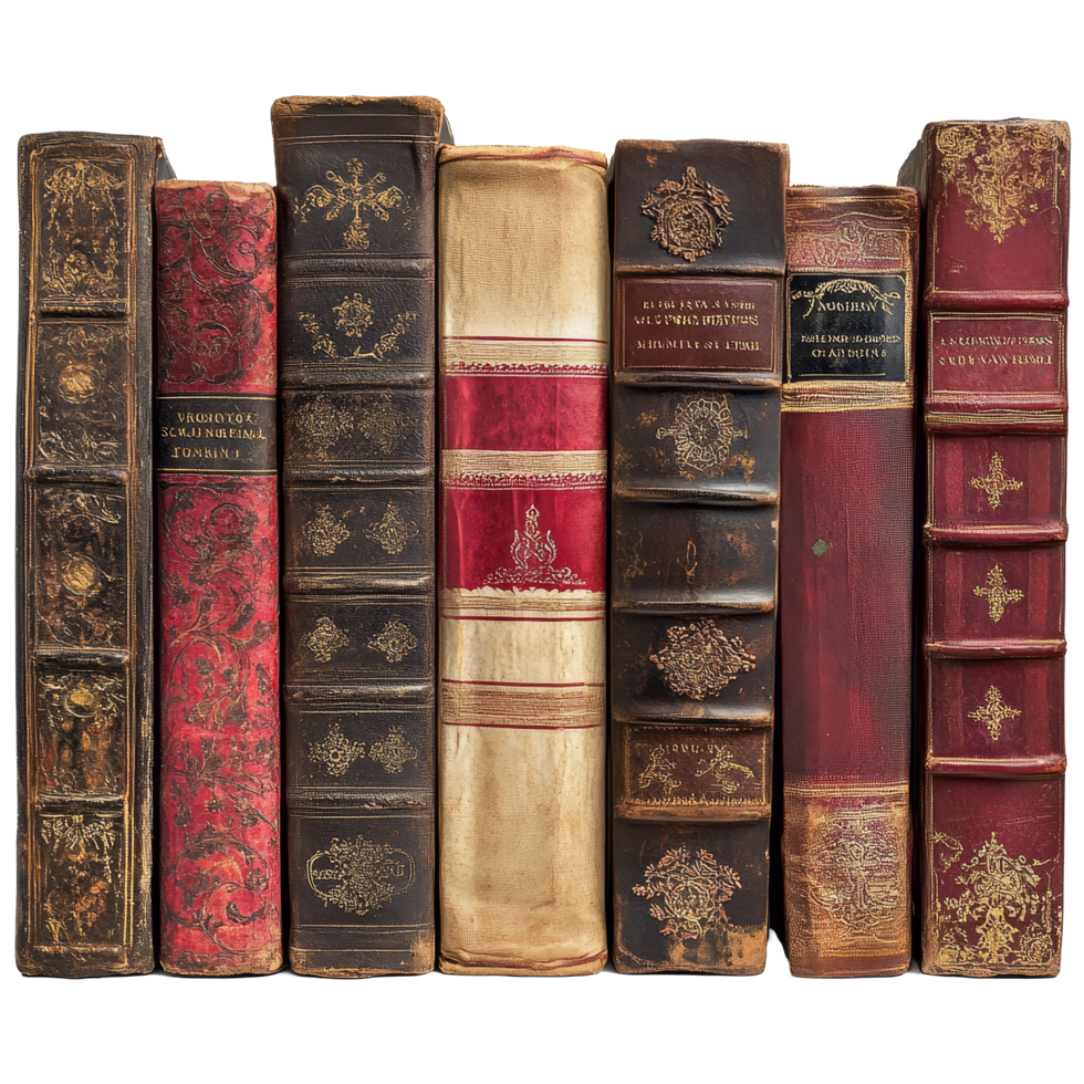 Vintage books with intricate bindings arranged on a transparent background showcasing classic literature styles, Vintage Book s in Various Bindings on transparent background png