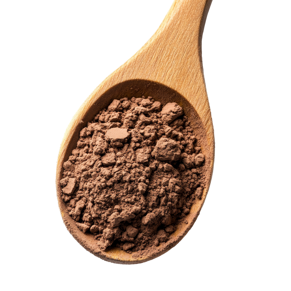 Cocoa powder in a wooden spoon resting on a bright transparent background, perfect for baking and cooking delicious treats, Cocoa powder in a wood spoon on transparent background png